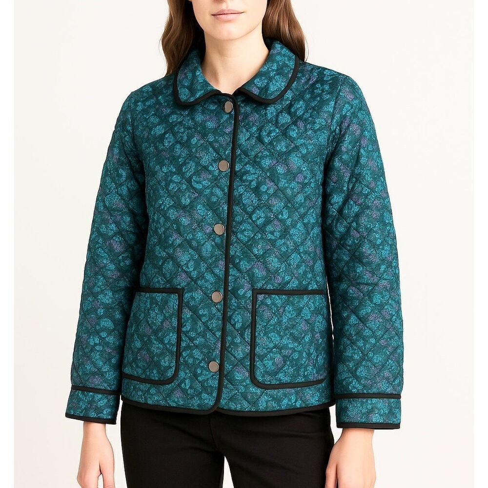 Carlisle Collection Blue Floral Snap Front Collared Silk Quilted Jacket Size 12